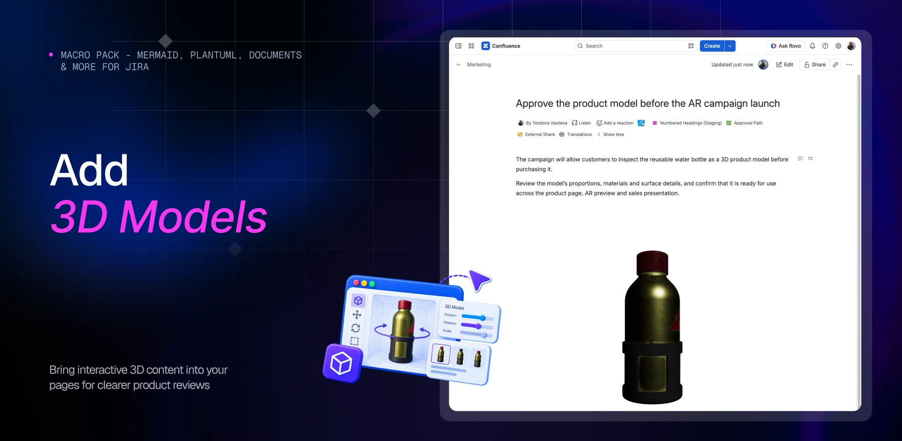Macro Pack marketing banner headed “Add 3D Models”, showing a Confluence page titled “Approve the product model before the AR campaign launch” with the 3D Model macro rendering a water bottle in the page body.