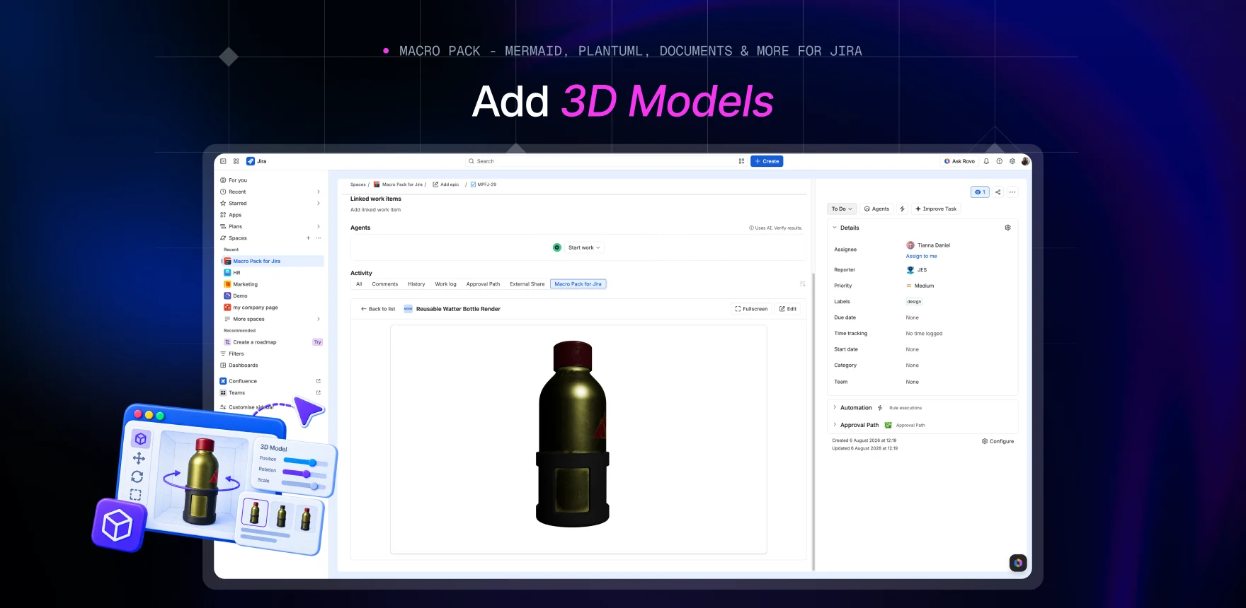 Macro Pack marketing banner headed “Add 3D Models”, showing a Jira work item titled “Reusable Water Bottle Render” with the 3D Model macro rendering the same bottle under the activity tabs.