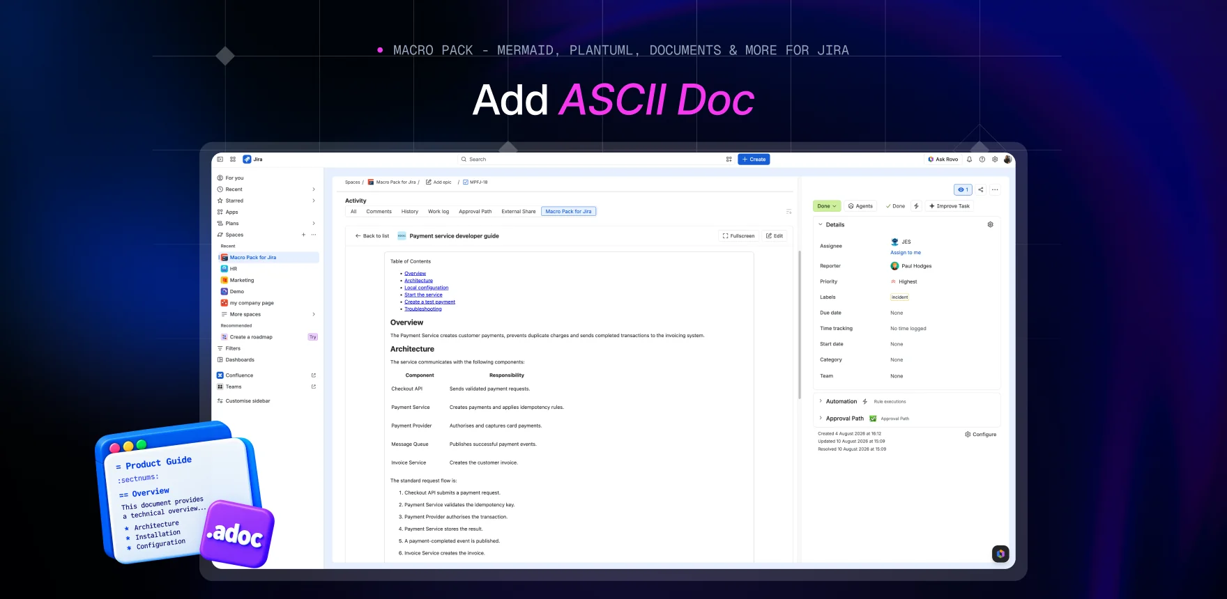 Macro Pack marketing banner headed “Add ASCII Doc”, showing a Jira work item titled “Payment service developer guide” with the AsciiDoc macro rendering a table of contents, Overview and Architecture sections and a component table.