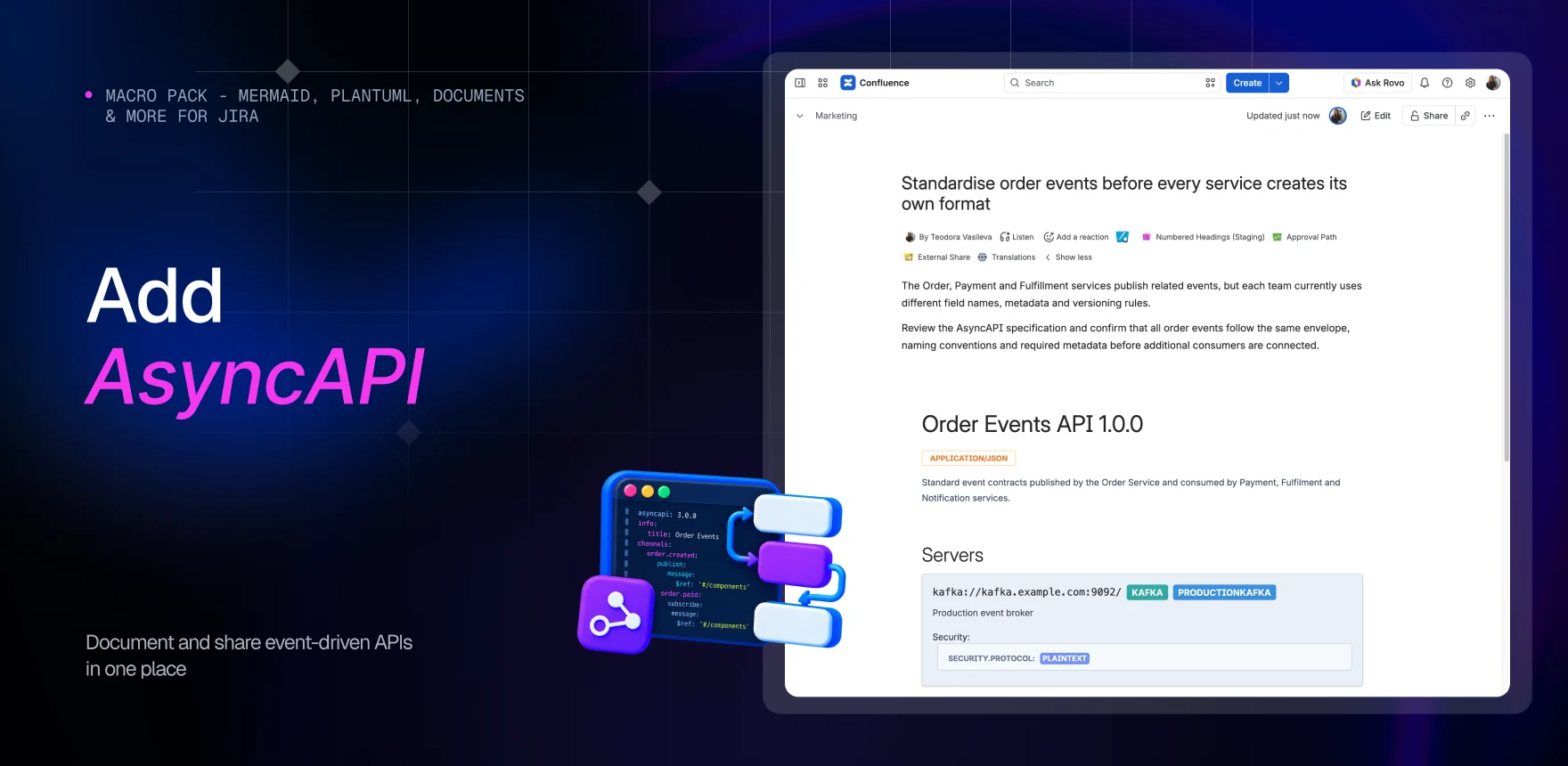 Macro Pack marketing banner headed “Add AsyncAPI”, showing a Confluence page titled “Standardise order events before every service creates its own format” with the AsyncAPI macro rendering Order Events API 1.0.0, a Kafka server entry and the commerce.orders operation.