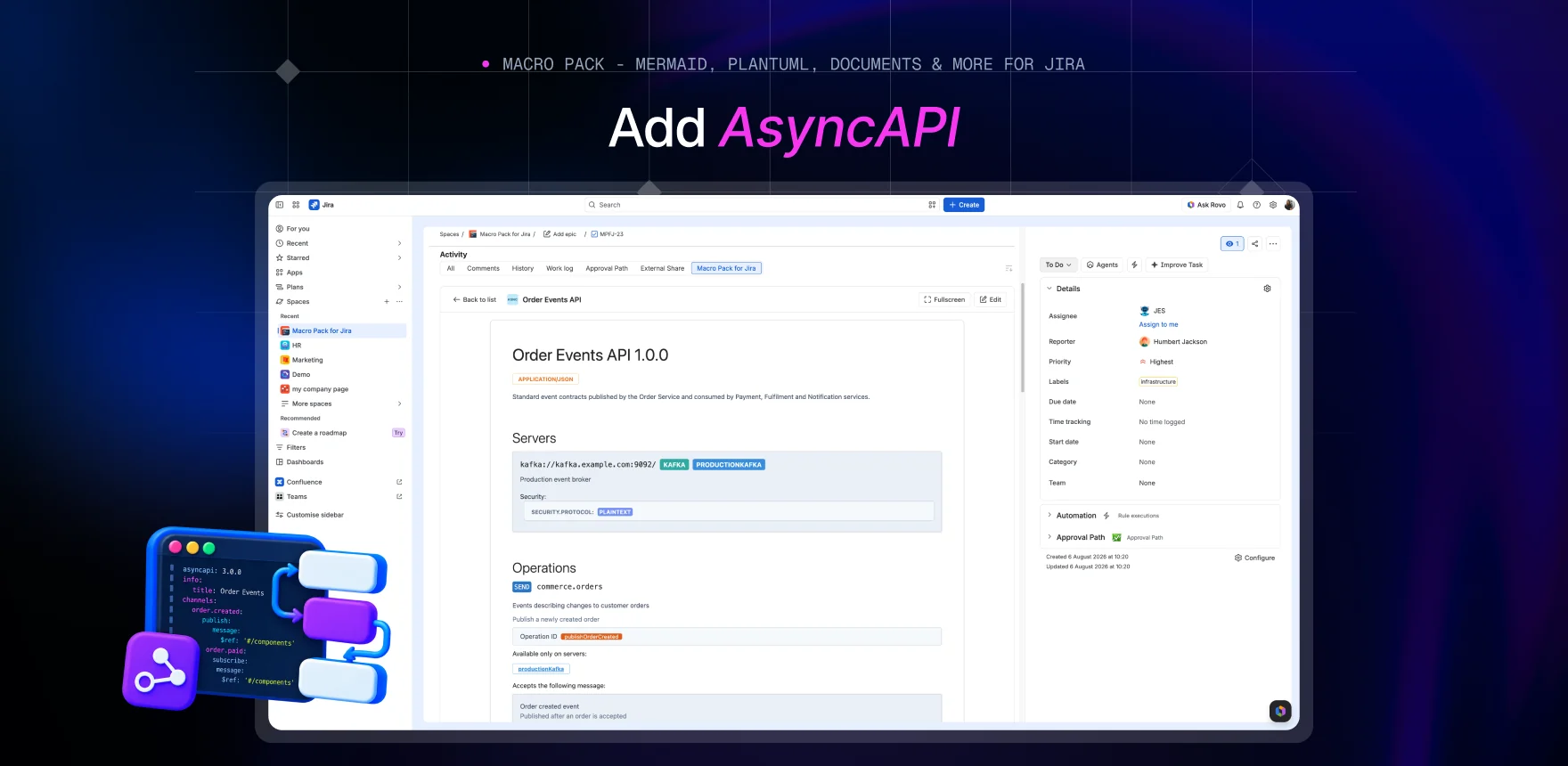 Macro Pack marketing banner headed “Add AsyncAPI”, showing a Jira work item titled “Order Events API” with the AsyncAPI macro rendering the same servers and operations under the activity tabs.