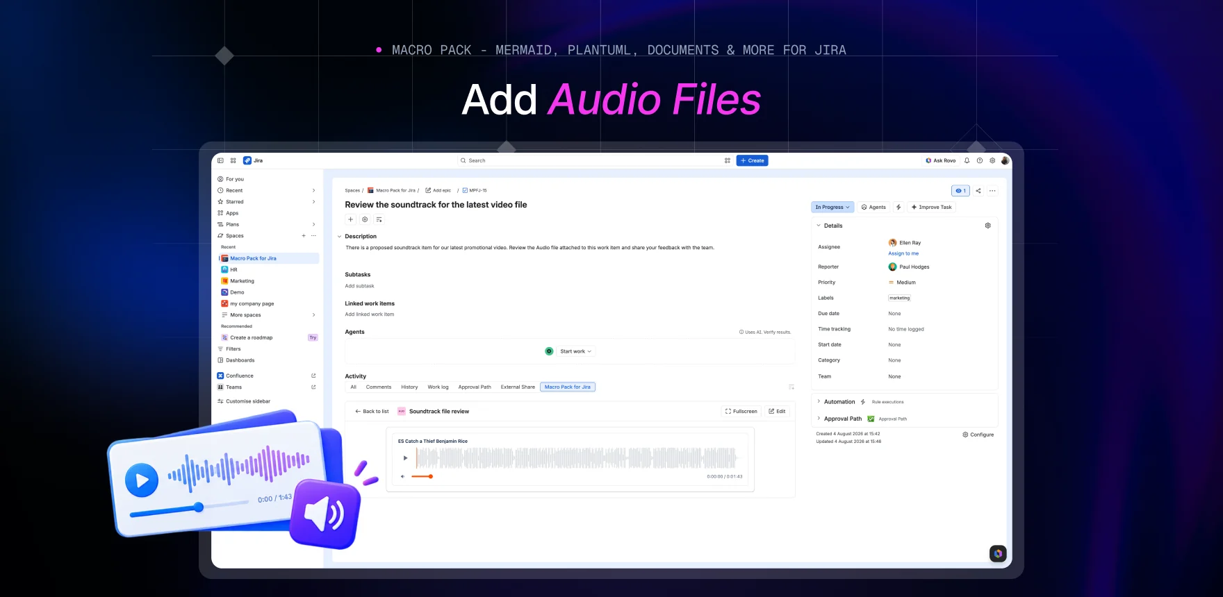 Macro Pack marketing banner headed “Add Audio Files”, showing a Jira work item titled “Soundtrack file review” with the Audio macro displaying the same player and waveform.