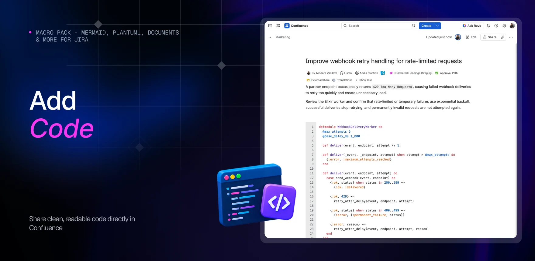 Macro Pack marketing banner headed “Add Code”, showing a Confluence page titled “Improve webhook retry handling for rate-limited requests” with the Code macro rendering an Elixir worker module, line numbers and syntax highlighting included.