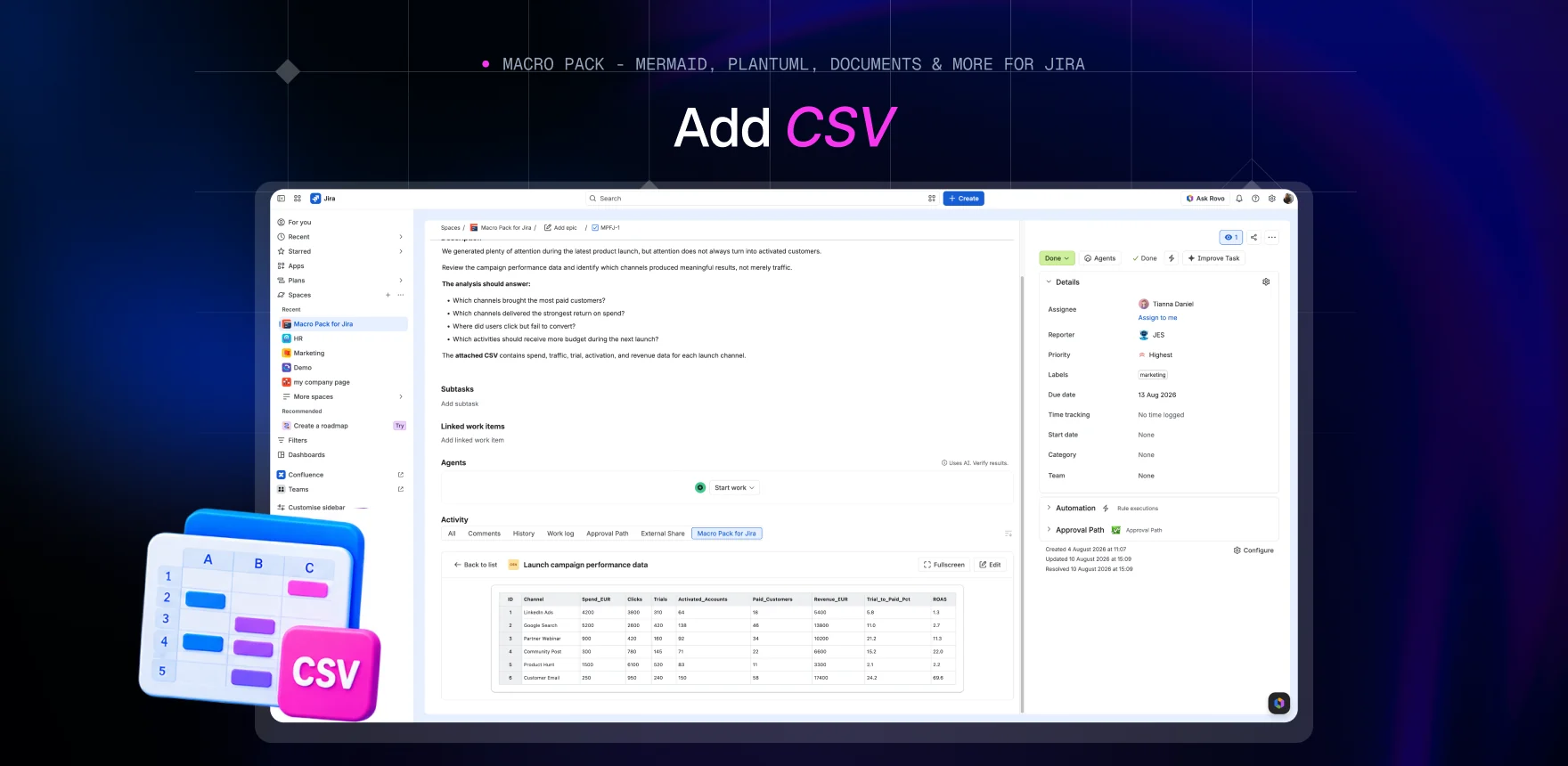 Macro Pack marketing banner headed “Add CSV”, showing a Jira work item titled “Launch campaign performance data” with the CSV macro rendering the same channel table.