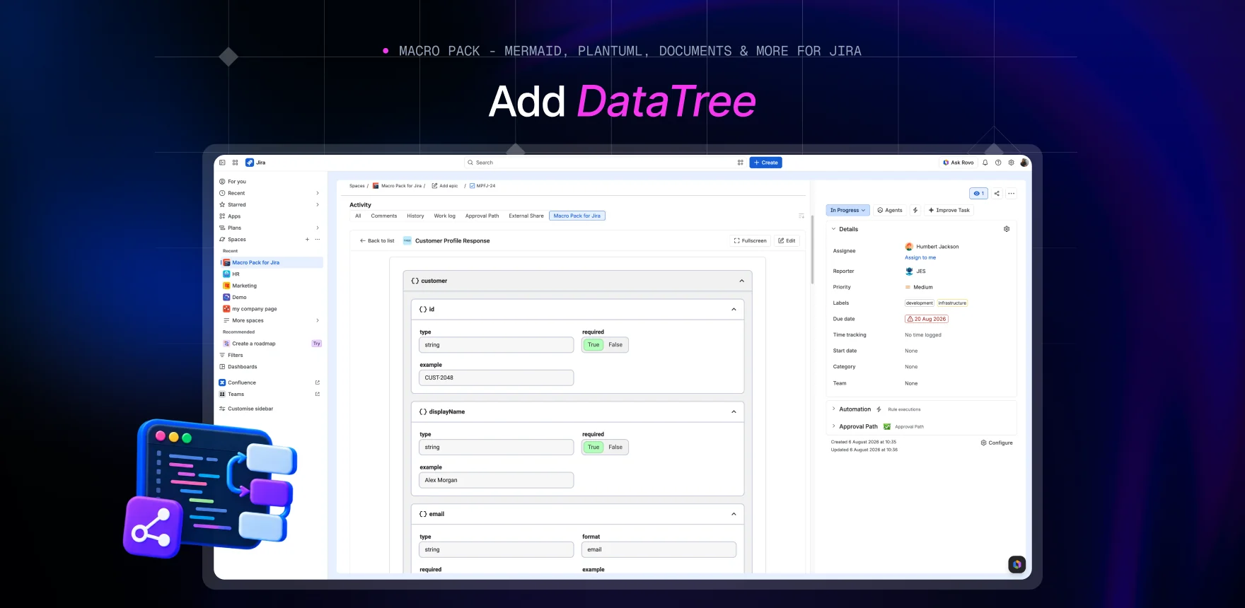 Macro Pack marketing banner headed “Add DataTree”, showing a Jira work item titled “Customer Profile Response” with the Data Tree macro rendering the same JSON document as a browsable tree.