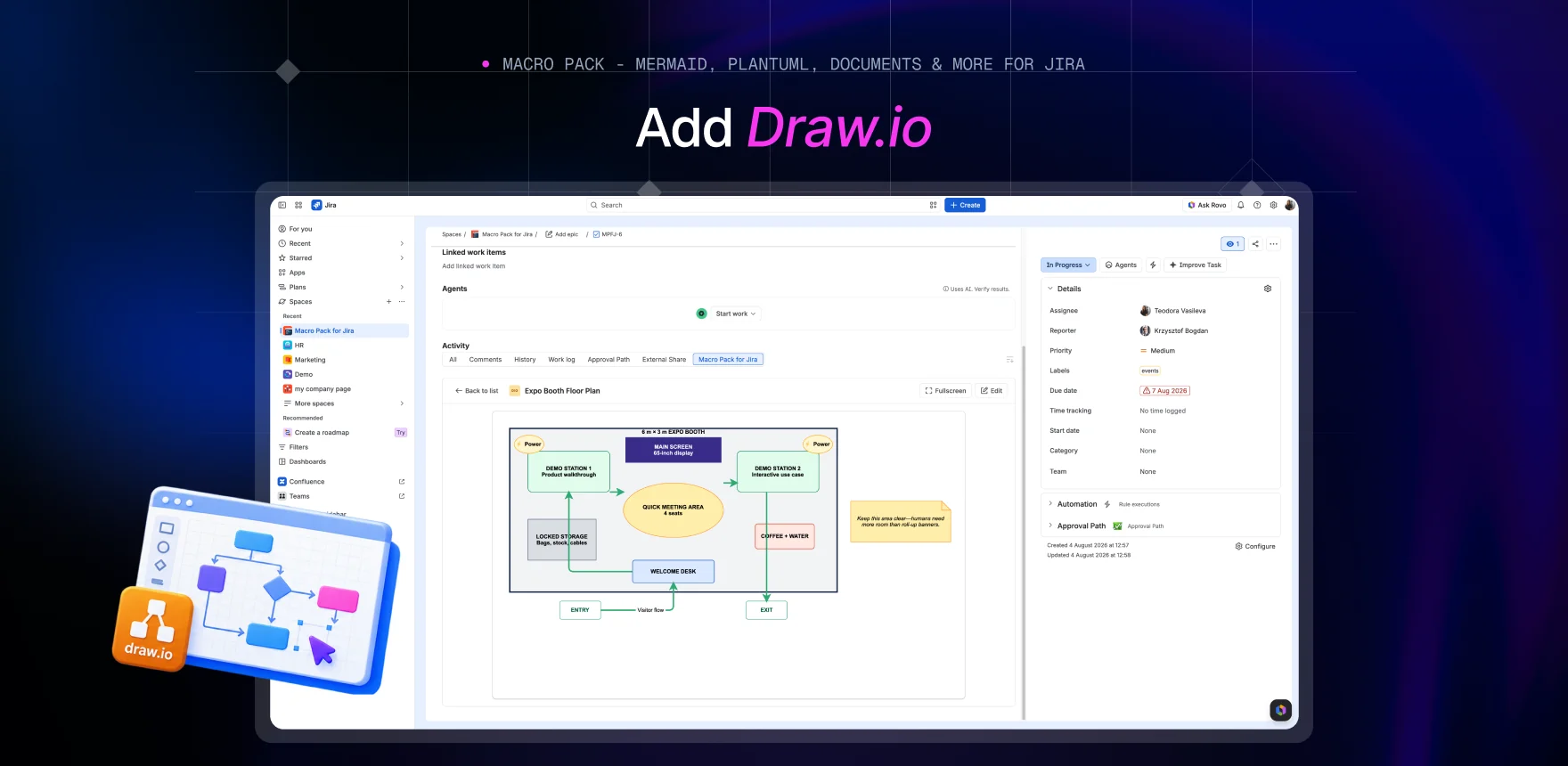 Macro Pack marketing banner headed “Add Draw.io”, showing a Jira work item titled “Expo Booth Floor Plan” with the Draw.io macro rendering the same floor plan.