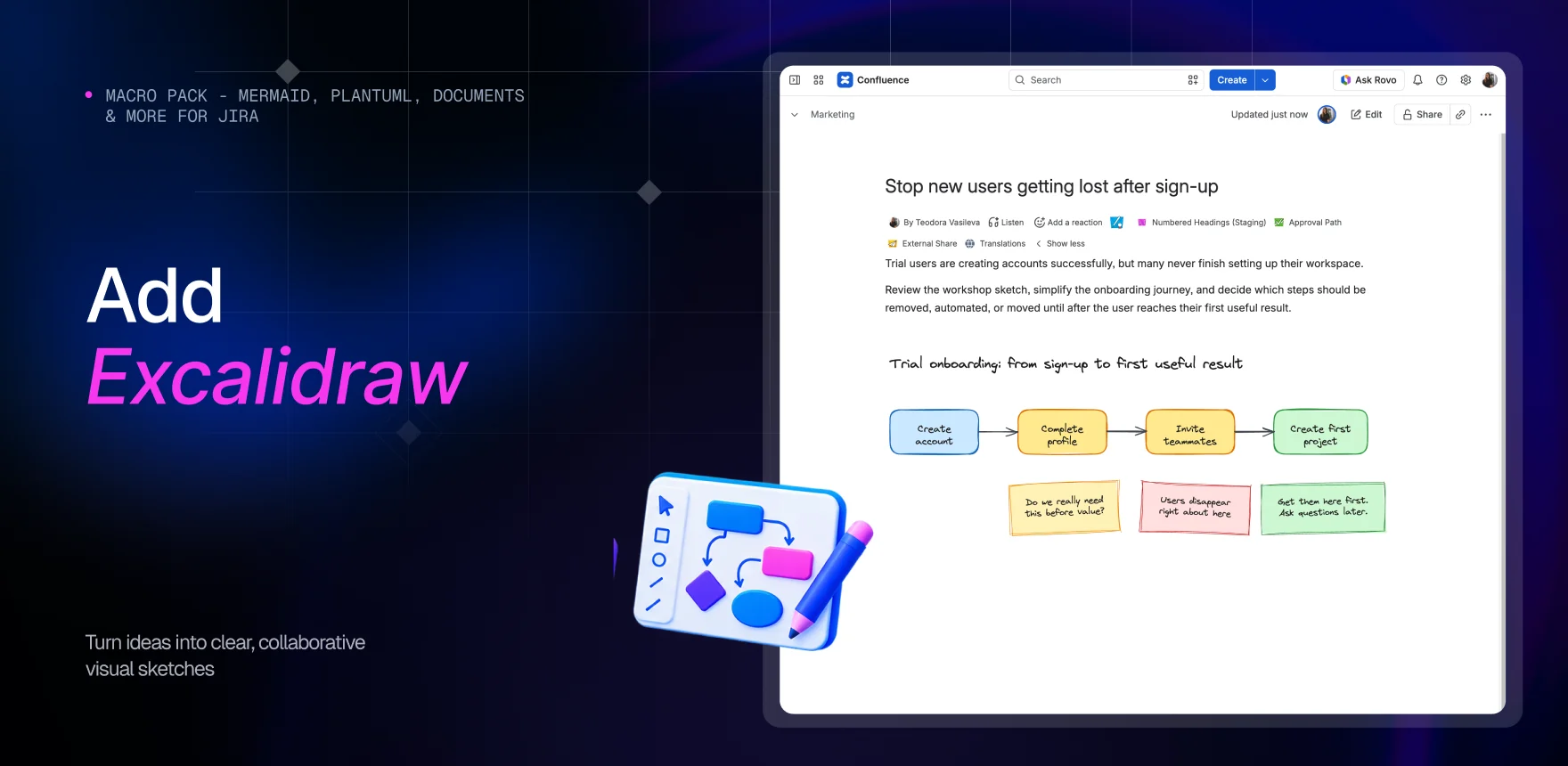 Macro Pack marketing banner headed “Add Excalidraw”, showing a Confluence page titled “Stop new users getting lost after sign-up” with the Excalidraw macro rendering a hand-drawn onboarding flow from “Create account” to “Create first project”, with sticky notes underneath.