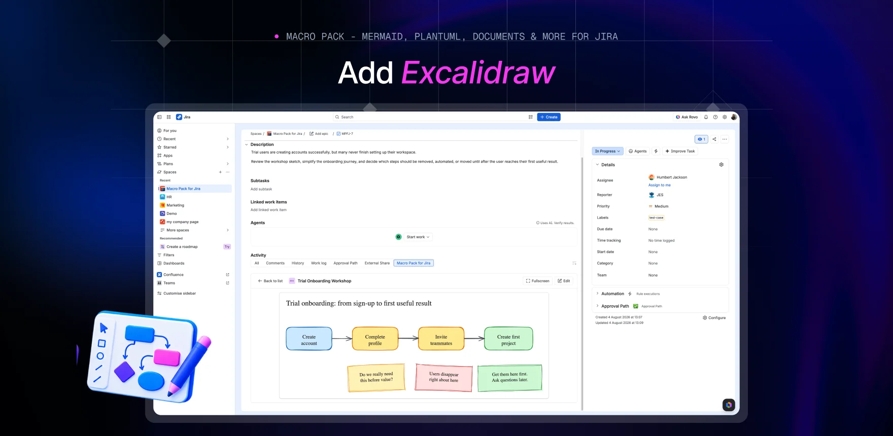 Macro Pack marketing banner headed “Add Excalidraw”, showing a Jira work item titled “Trial Onboarding Workshop” with the Excalidraw macro rendering the same hand-drawn flow.