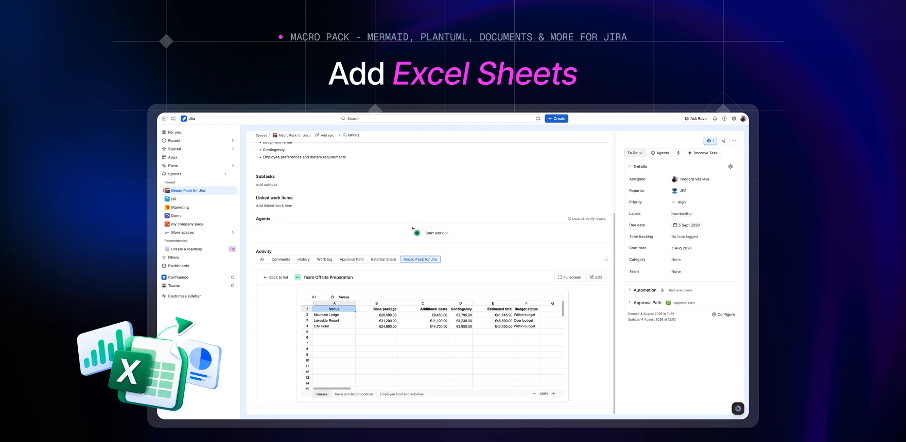 Macro Pack marketing banner headed “Add Excel Sheets”, showing a Jira work item titled “Team Offsite Preparation” with the Excel macro rendering the same workbook and its sheet tabs.