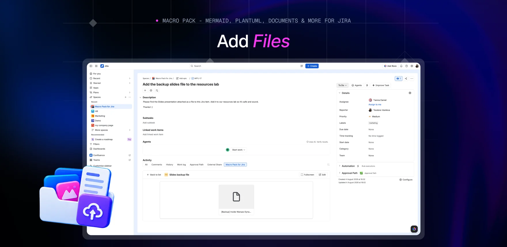 Macro Pack marketing banner headed “Add Files”, showing a Jira work item titled “Slides backup file” with the File macro displaying the same presentation as a card.