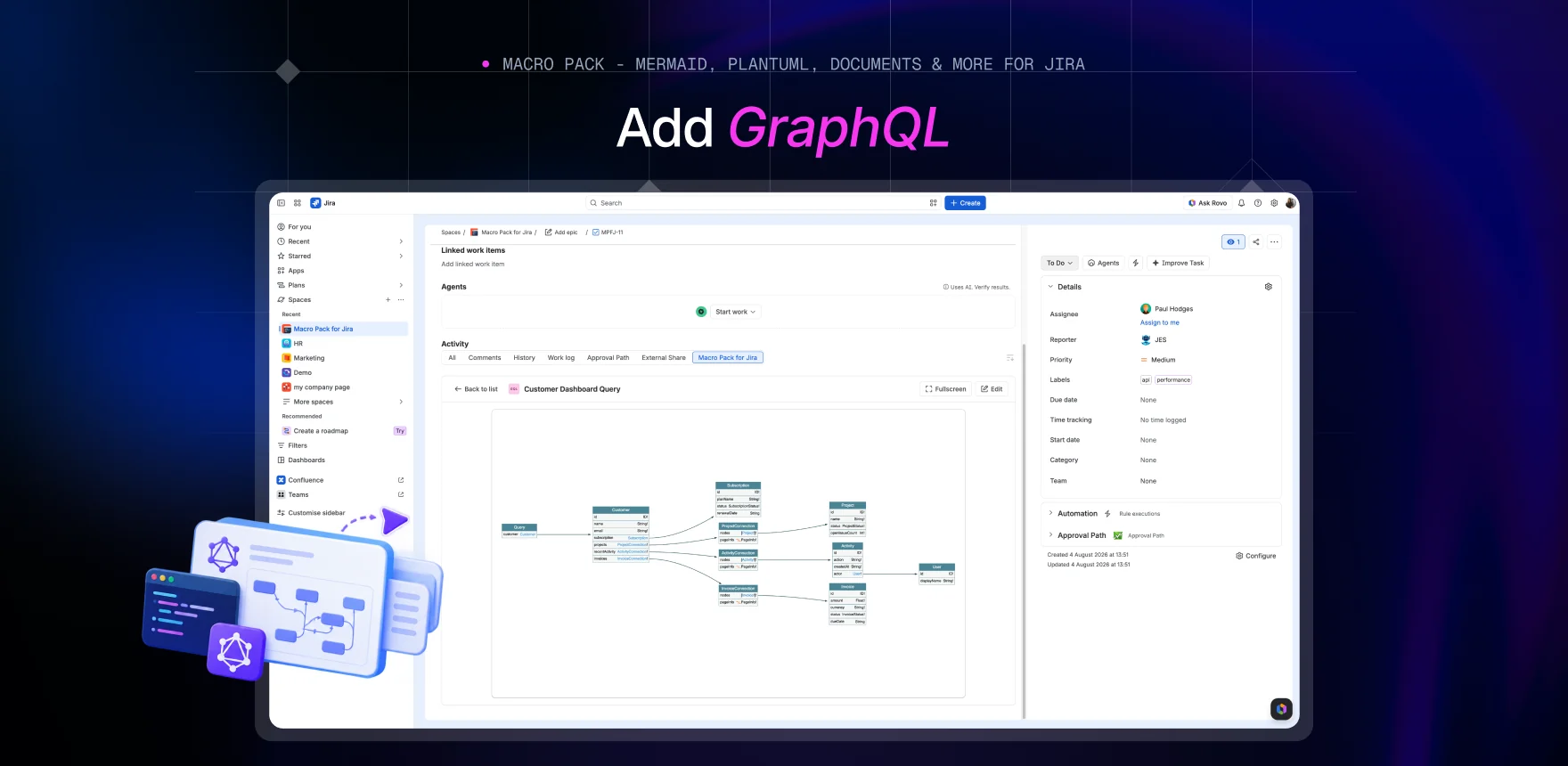 Macro Pack marketing banner headed “Add GraphQL”, showing a Jira work item titled “Customer Dashboard Query” with the GraphQL macro rendering the same schema graph.