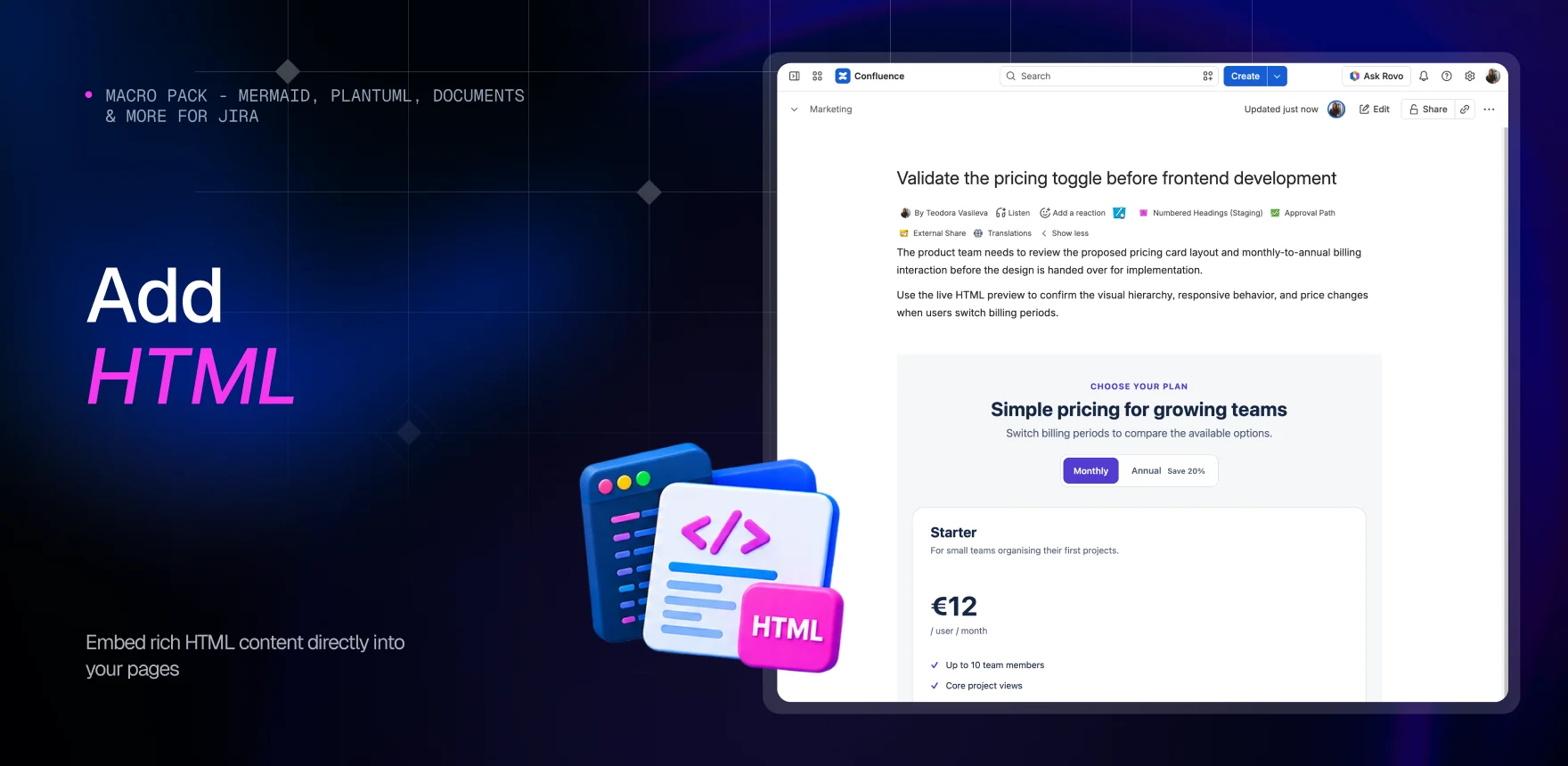 Macro Pack marketing banner headed “Add HTML”, showing a Confluence page titled “Validate the pricing toggle before frontend development” with the HTML macro rendering a live pricing card with three plans and a Monthly/Annual switch.