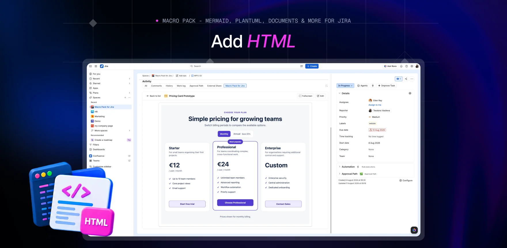 Macro Pack marketing banner headed “Add HTML”, showing a Jira work item titled “Pricing Card Prototype” with the HTML macro rendering the same interactive pricing card.