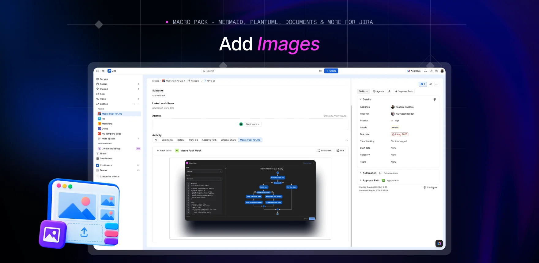 Macro Pack marketing banner headed “Add Images”, showing a Jira work item titled “Macro Pack Mock” with the Image macro displaying the same product mock-up.