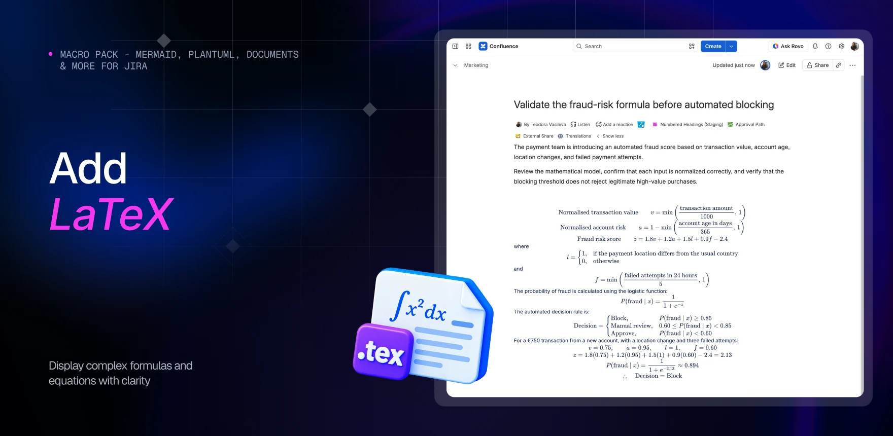 Macro Pack marketing banner headed “Add LaTeX”, showing a Confluence page titled “Validate the fraud-risk formula before automated blocking” with the LaTeX macro typesetting a risk score, a logistic probability function and a decision rule.