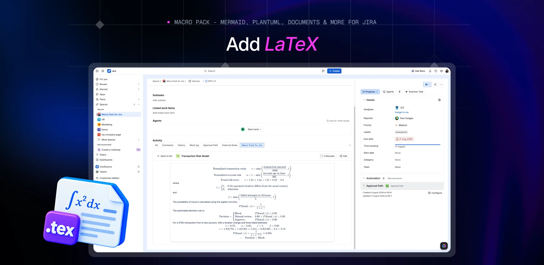 Macro Pack marketing banner headed “Add LaTeX”, showing a Jira work item titled “Transaction Risk Model” with the LaTeX macro typesetting the same risk formula and decision rule.