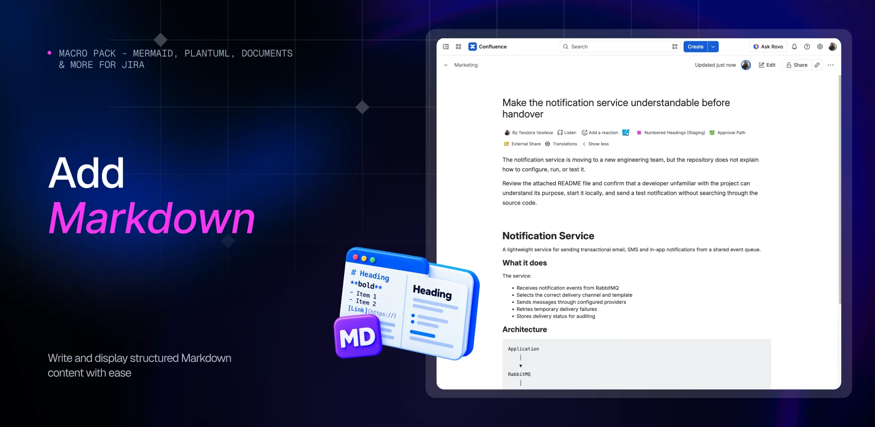 Macro Pack marketing banner headed “Add Markdown”, showing a Confluence page titled “Make the notification service understandable before handover” with the Markdown macro rendering a README: headings, bullet lists and fenced code blocks.