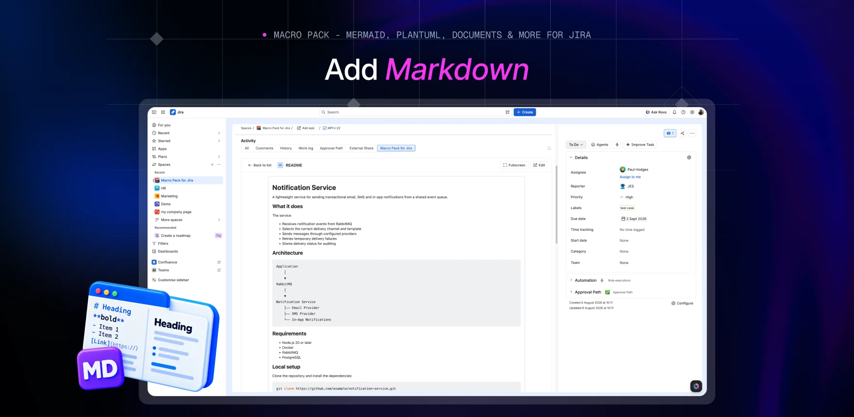 Macro Pack marketing banner headed “Add Markdown”, showing a Jira work item with the Markdown macro rendering the same README under the activity tabs.