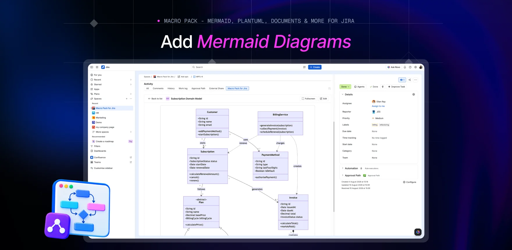 Macro Pack marketing banner headed “Add Mermaid Diagrams”, showing a Jira work item titled “Subscription Domain Model” with the Mermaid macro rendering the same class diagram.