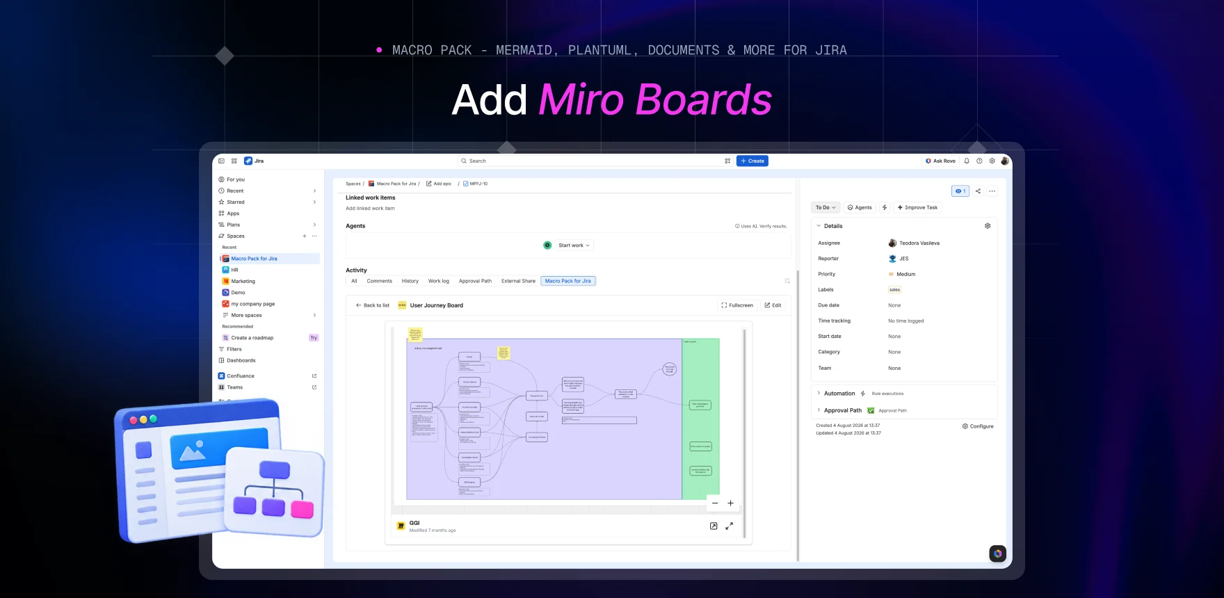Macro Pack marketing banner headed “Add Miro Boards”, showing a Jira work item titled “User Journey Board” with the Miro macro embedding the same board.