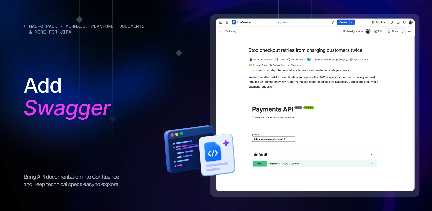 Macro Pack marketing banner headed “Add Swagger”, showing a Confluence page titled “Stop checkout retries from charging customers twice” with the Swagger macro rendering the Payments API, its server list and an expandable POST /payments operation.