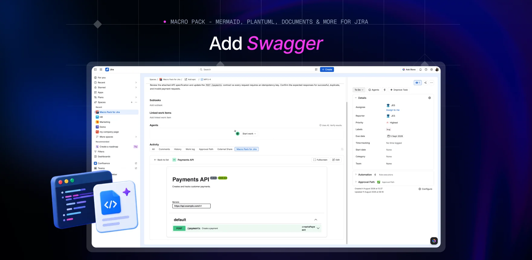 Macro Pack marketing banner headed “Add Swagger”, showing a Jira work item titled “Payments API” with the Swagger macro rendering the same specification and its POST /payments operation.