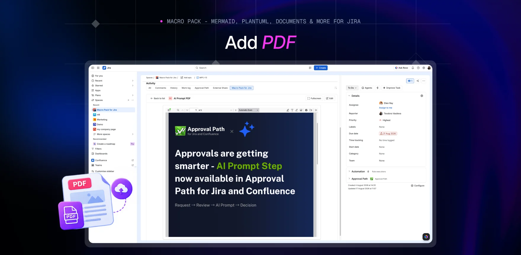 Macro Pack marketing banner headed “Add PDF”, showing a Jira work item titled “AI Prompt PDF” with the PDF macro displaying the same carousel in its viewer.