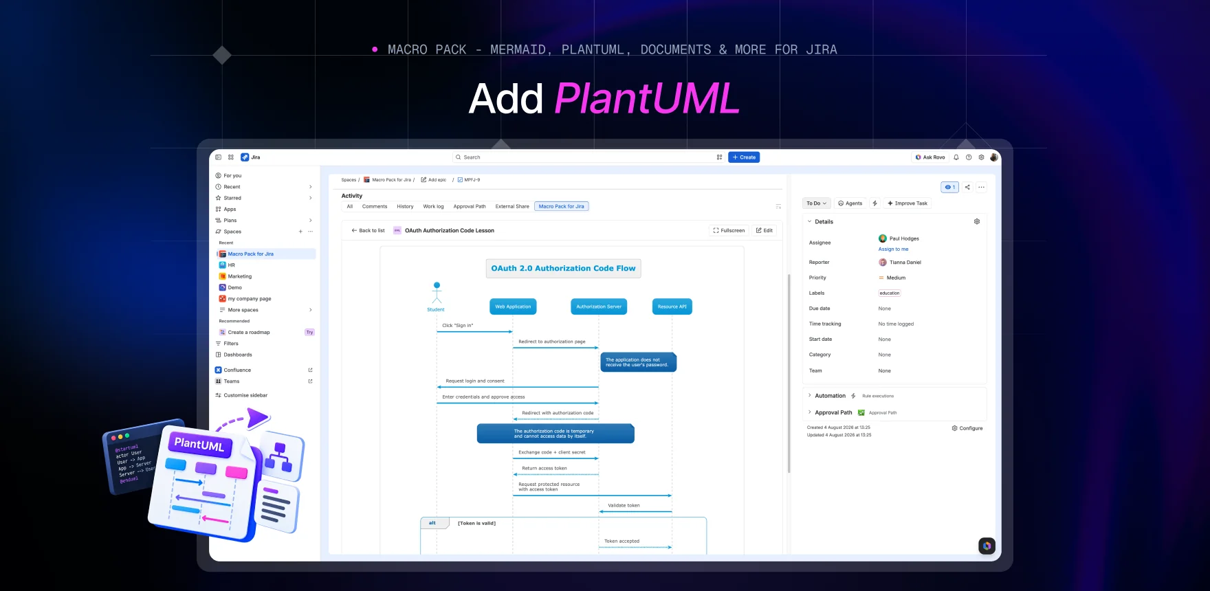 Macro Pack marketing banner headed “Add PlantUML”, showing a Jira work item titled “OAuth Authorization Code Lesson” with the PlantUML macro rendering the same sequence diagram.