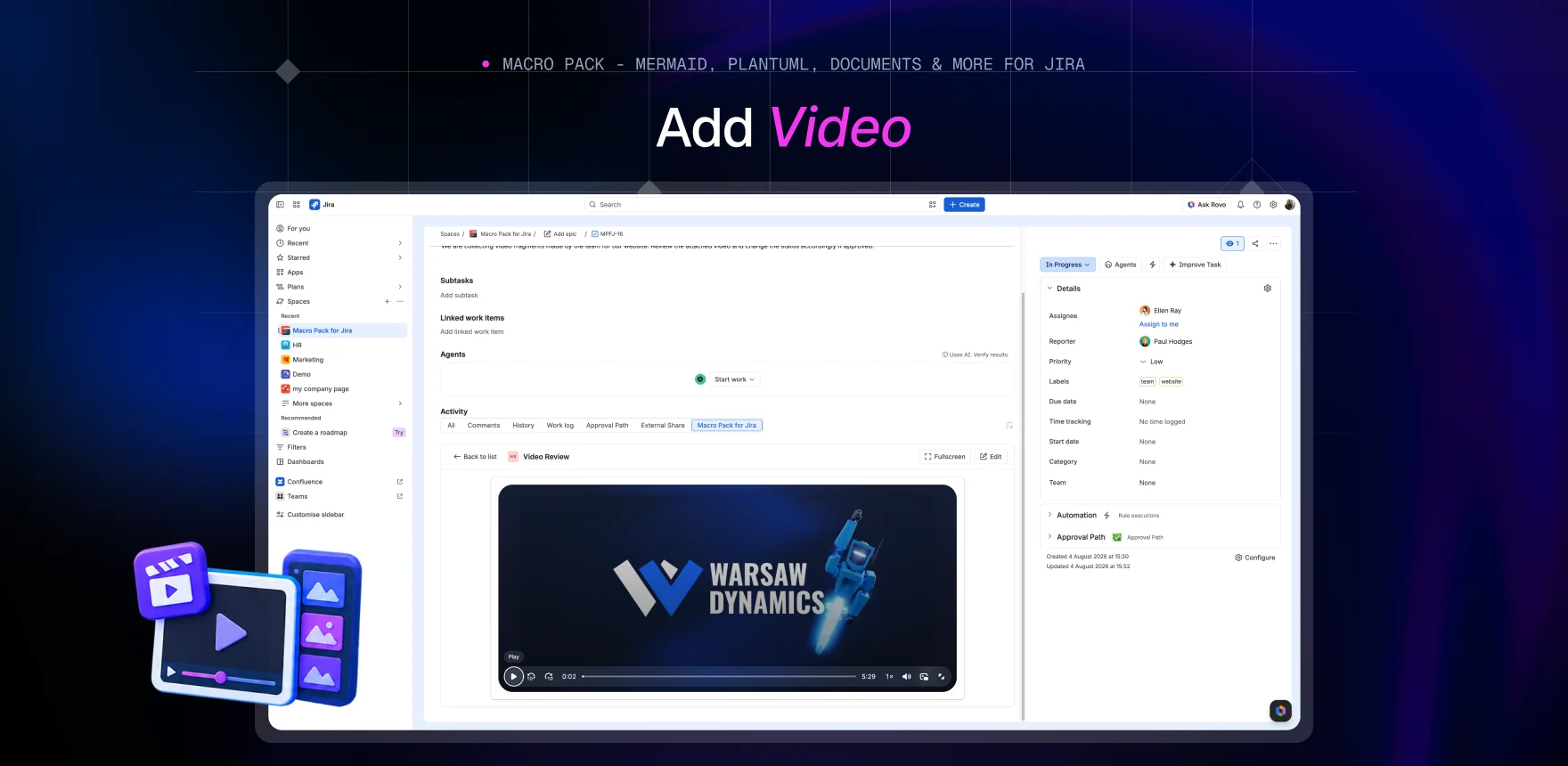 Macro Pack marketing banner headed “Add Video”, showing a Jira work item titled “Video Review” with the Video macro displaying the same player and controls.