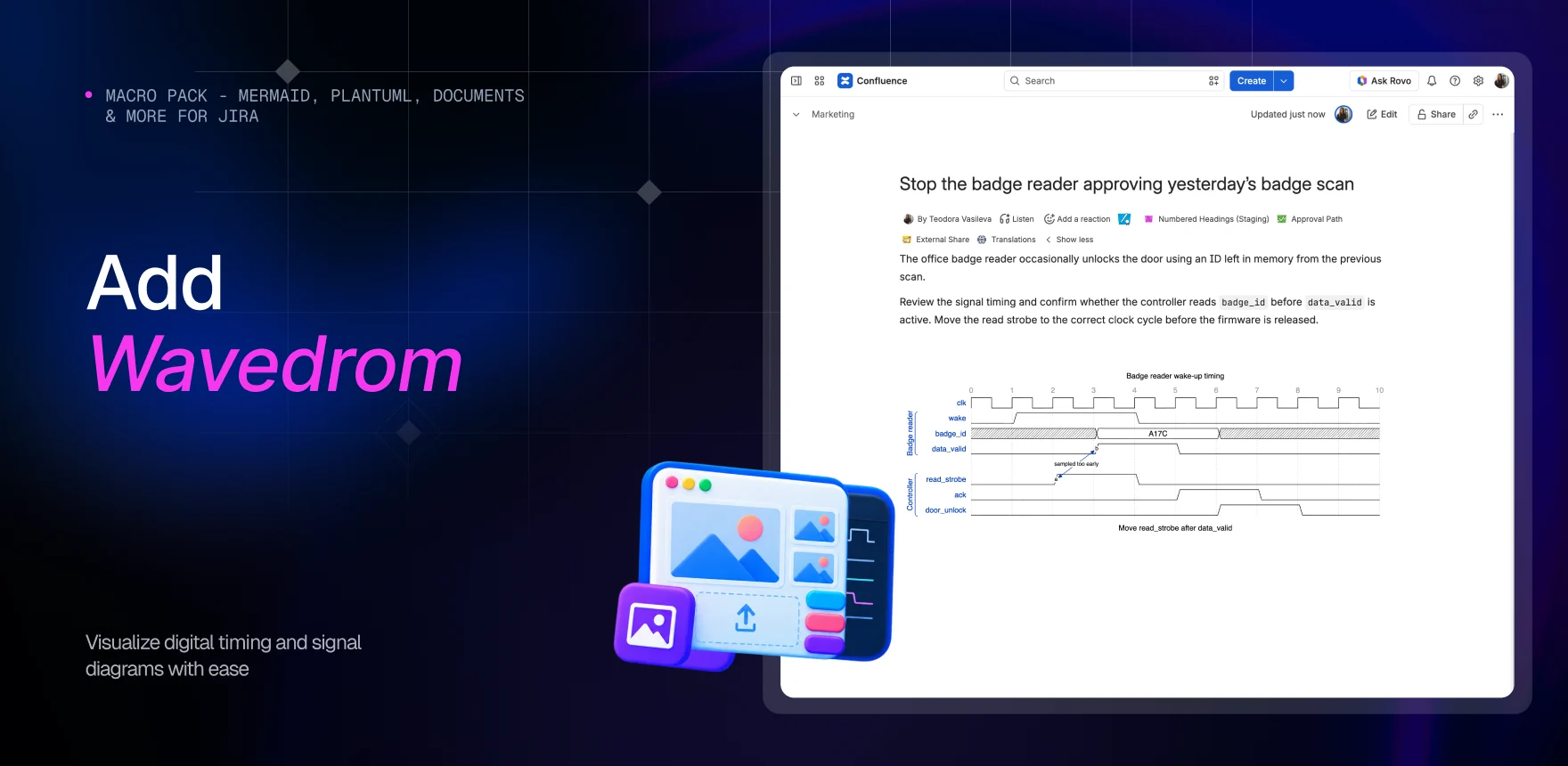 Macro Pack marketing banner headed “Add Wavedrom”, showing a Confluence page titled “Stop the badge reader approving yesterday's badge scan” with the WaveDrom macro rendering a timing diagram of clock, badge and read-strobe signals.
