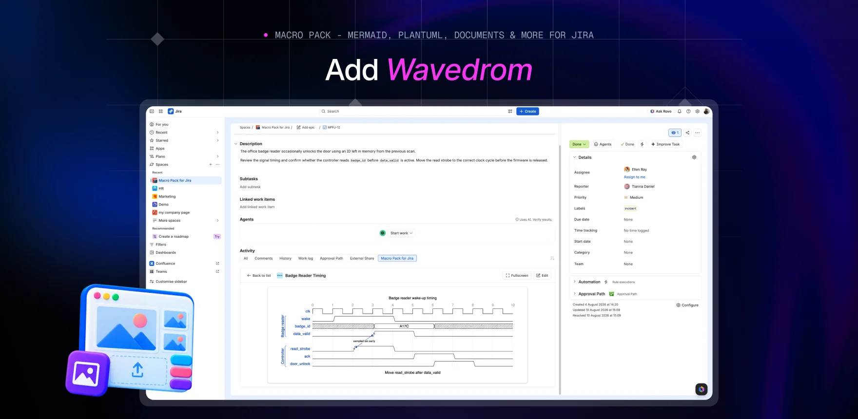Macro Pack marketing banner headed “Add Wavedrom”, showing a Jira work item titled “Badge Reader Timing” with the WaveDrom macro rendering the same timing diagram.