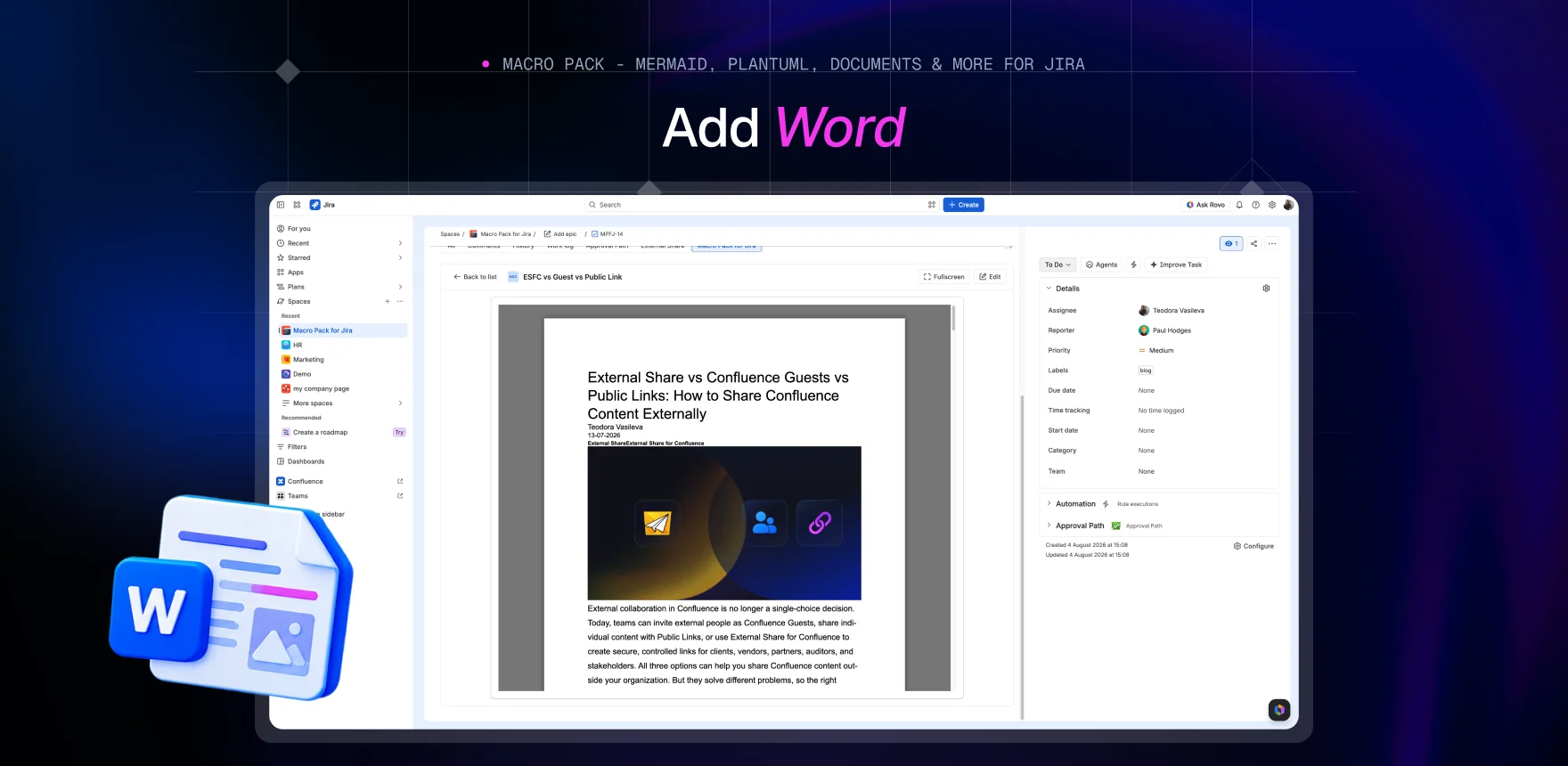 Macro Pack marketing banner headed “Add Word”, showing a Jira work item titled “ESFC vs Guest vs Public Link” with the Word macro rendering the same document.